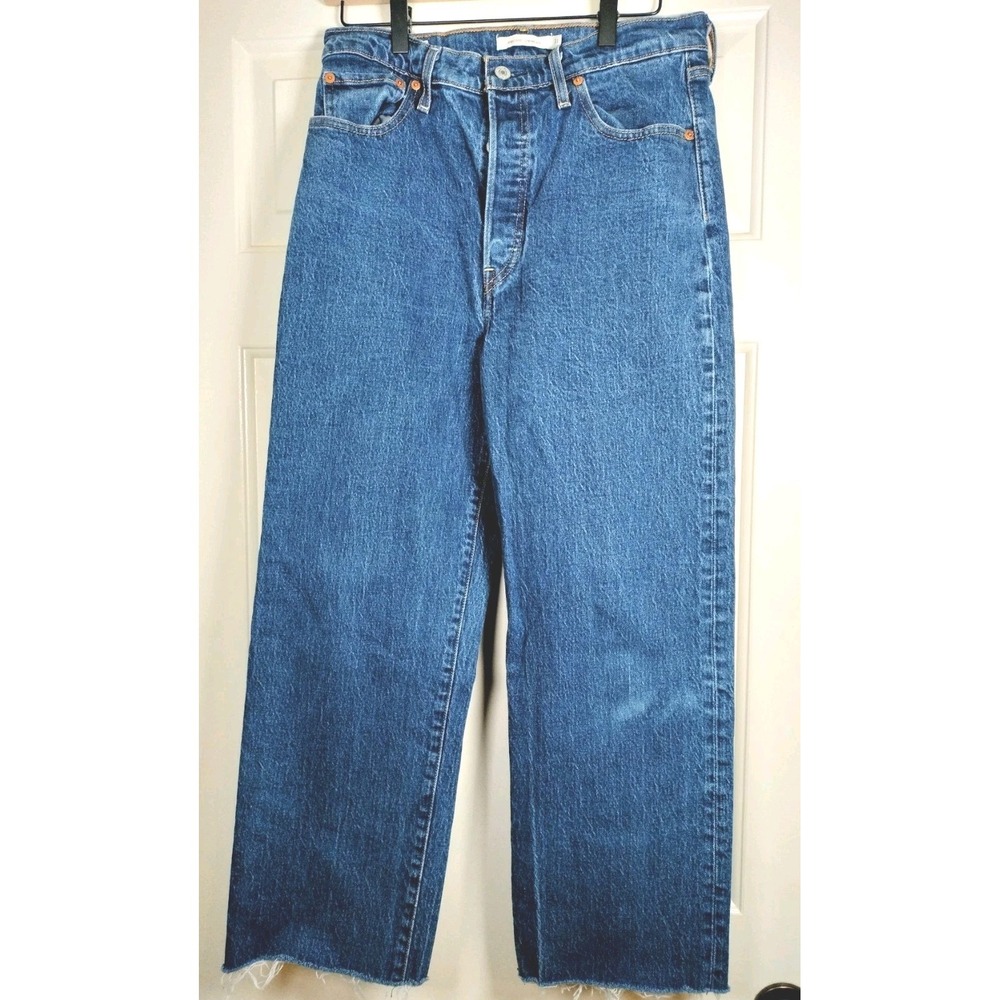 Levi's Ribcage Straight Jeans Women's 31x29 Blue High Rise Raw Hem Flaw